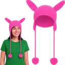 Pink Bunny Ears Beret Hat Halloween Rabbits Cartoon Style Fleece Hats with Floppy Pink Standing Ears Knitted Costume Cap for Halloween Costume Party Accessory