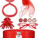 Newcotte 1950's Womens Costume Accessories Scarf Polka Dot Cat Eye glasses Bandana Tie Headband Earrings Gloves Waistband (Red)