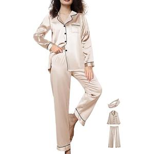 Womens 3Pcs Satin Pajamas Set Silk Pajama Sets XS-3XL Long Silky Pj Sets Nightwear Pjs Set Sleepwear Loungewear, Size 3XL