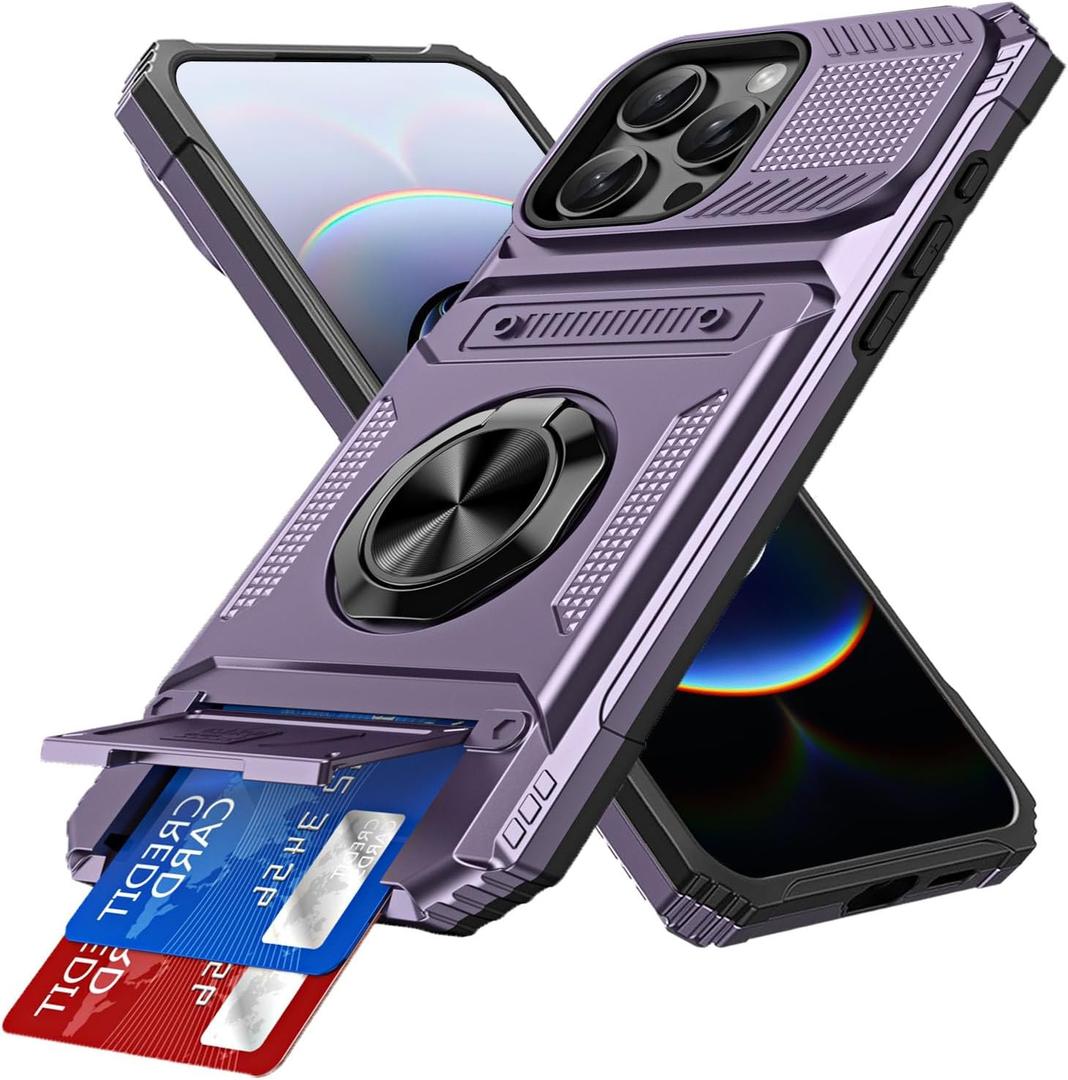 Case for iPhone 16 Pro Max Case Built-in Card Holder [Store 2 Cards] 360 Ring Kickstand Heavy Duty Shockproof Full Body Protective Wallet Cover for iPhone 16 Pro Max 6.9 inch Purple LM