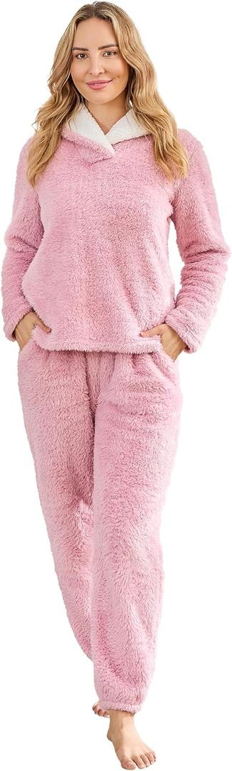 PJGGZ Fluffy Womens Pajama Sets, Pjs with Pants Winter Fuzzy Pajamas Fleece Soft Cozy Warm Ladies Loungewear (Medium, Pink)