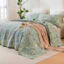 QSH 100% Cotton Oversized King Quilt Bedspread Bedding Set(128"x120"),3Pcs Extra Wide Green Floral Quilt Flower Bird Butterfly Printed Bedspread Coverlet Oversized King Lightweight Soft Bedding Set