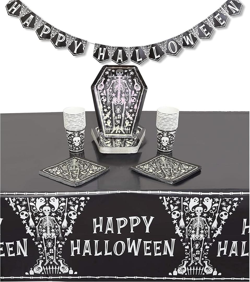 Halloween Tombstone Party Dinnerware Set, Table Cover, Banner (74 Pieces)