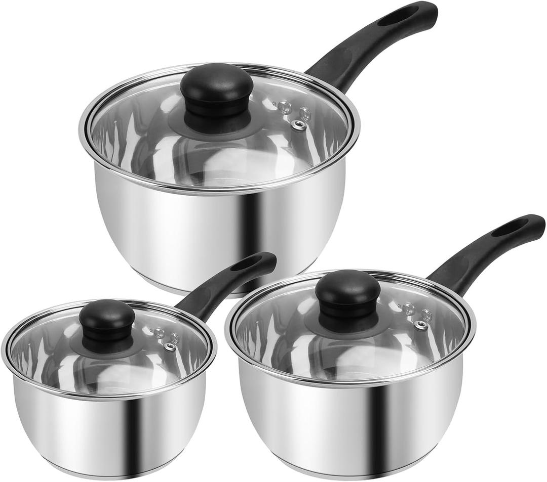 Stainless Steel Pot Set with Lid 6pcs,Sauce Pans 1QT & 2QT & 3QT Set,Triply Bottom Stainless Steel Pot Set