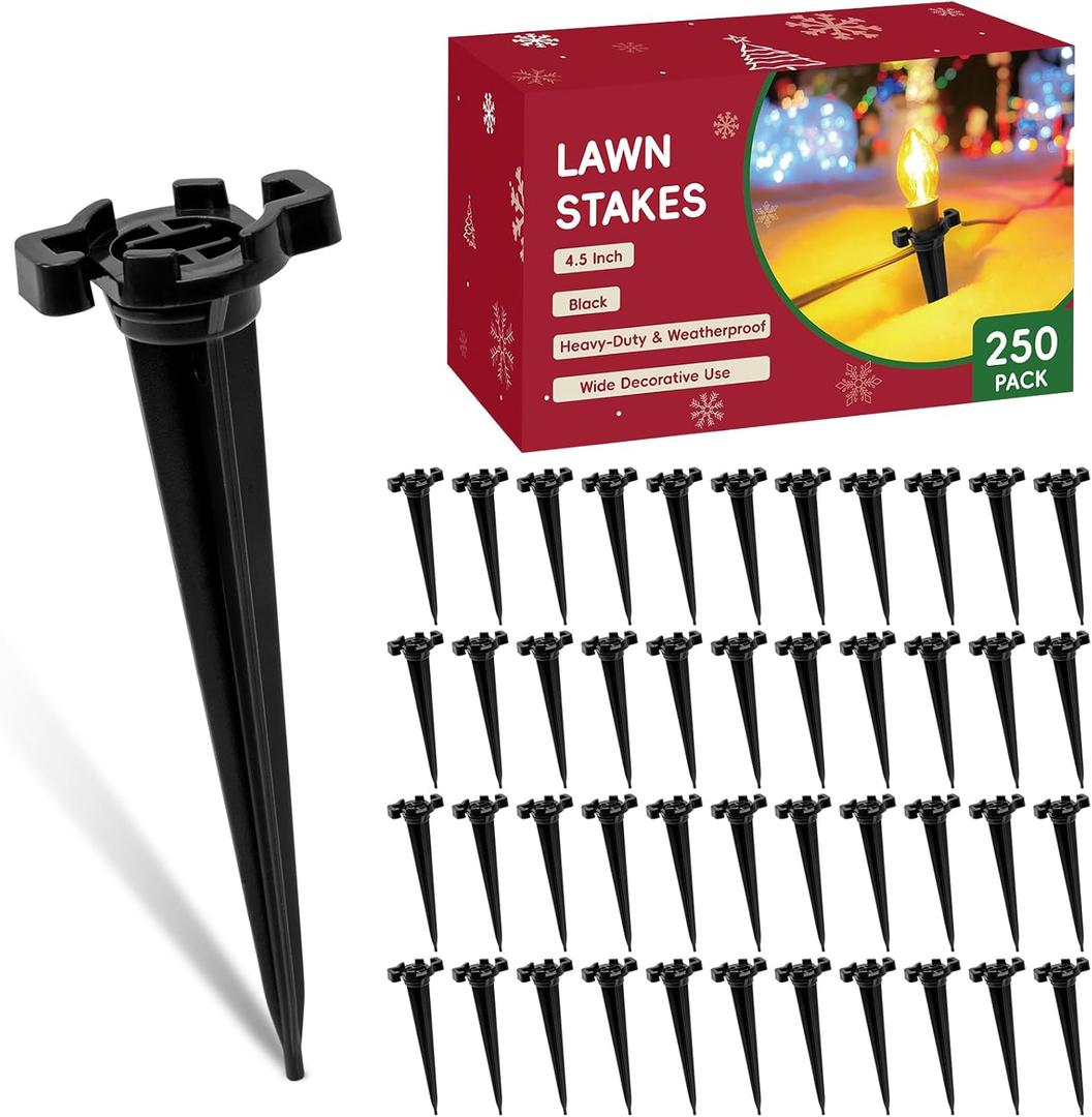 CEWOR 250pcs Plastic Stakes for Outdoor Lights 4.5 Inch Black Lawn Stakes for C7 and C9 Outside String Lights Yard Stakes for Outdoor Holiday Lights Use on Garden Patio Path Walkway (Black)