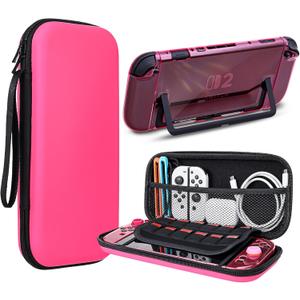 DLseego Storage Carrying Case for Nintendo Switch 2 Accessories Set, 10 Game Card Slots Protective,1 Hard PC Transparent Case, 4 Thumb Grips, Slim & Portable - Pink