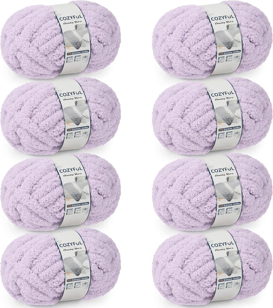 Cozyful Chunky Yarn for Hand Knitting - #10 Chunky Chenille Yarn, Jumbo Big Thick Chunky Yarns for Crocheting, Super Bulky Chunky Knit Blanket Yarns, 8 Skein (25 Yds 8 Oz Each Skein), Lavender Fog