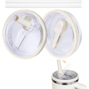 40 oz Tumbler Flip Straw Lid Compatible with Stanley Cup 40oz Tumbler Cover (2 Pack, Cream White)