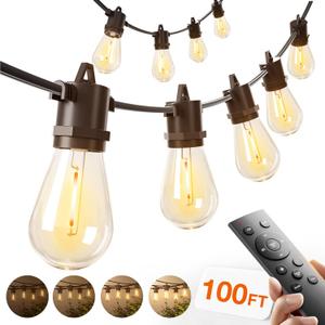 Addlon 100FT LED Outdoor String Lights, Remote Dimmable Patio Lights with Timer & 3 Lighting Modes, 32 Shatterproof Edison Bulbs, Waterproof Connectable String Lights for Outside Backyard Porch Party