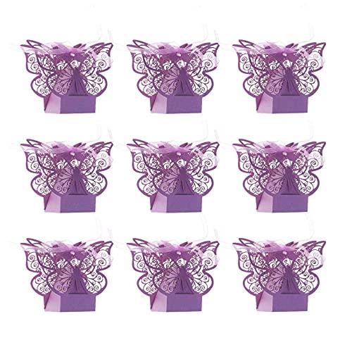 JANOU 24pcs Butterfly Candy Boxes Laser Cut DIY Paper Box with Ribbons for Wedding Bridal Birthday Baby Shower Party Suppliers (Purple)