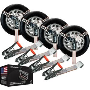 VULCAN Car Tie Down with Flat Hooks - Lasso Style - 2 Inch x 96 Inch - 4 Pack - Silver Series - 3,300 Pound Safe Working Load