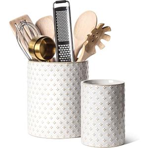 LE TAUCI Utensil Holder, 7.1"+5.4" Ceramic Kitchen Utensil Holder for Counter top, Embossed Cooking Utensil Organizer for Spatula & Spoon, Kitchen Decor, Set of 2, Arctic White, Clover