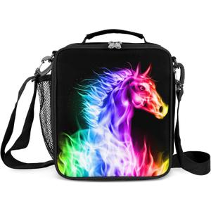 Insulated Lunch Box for Boys Girls, Reusable Lunch Bags with Adjustable Shoulder Strap and Water Bottle Holder for Kids Adult, Baseball Lunch Tote Bag for Office Work School (Horse)