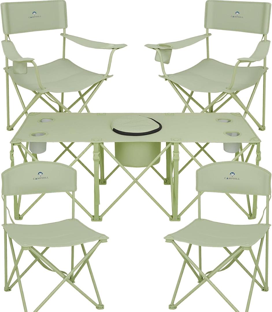 Camping Chair Set of 5, 4 Outdoor Folding Camping Chairs for Heavy People with Cup Holder & Carry Bag,Collapsible Chair Include One Sofa Chair and Two Single Chair,Support up to 500lbs  Light Green-5pcs