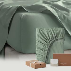 Double Stitch Cotton Tencel Fitted Sheet - Queen Size Fitted Sheets Deep Pocket, Soft Hotel Bedding, Cooling & Breathable for Hot Sleepers, Up to 16 inches, Sage Green (Queen (60" x 80"))