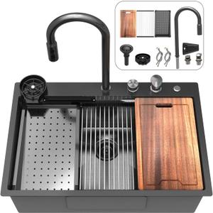 33 inch Waterfall Kitchen Sink Metal Black -Feibus 33x22x10 Drop In Sink with Faucet Combo Double Step Workstation 16 Gauge Multifunctional Stainless Steel Single Bowl