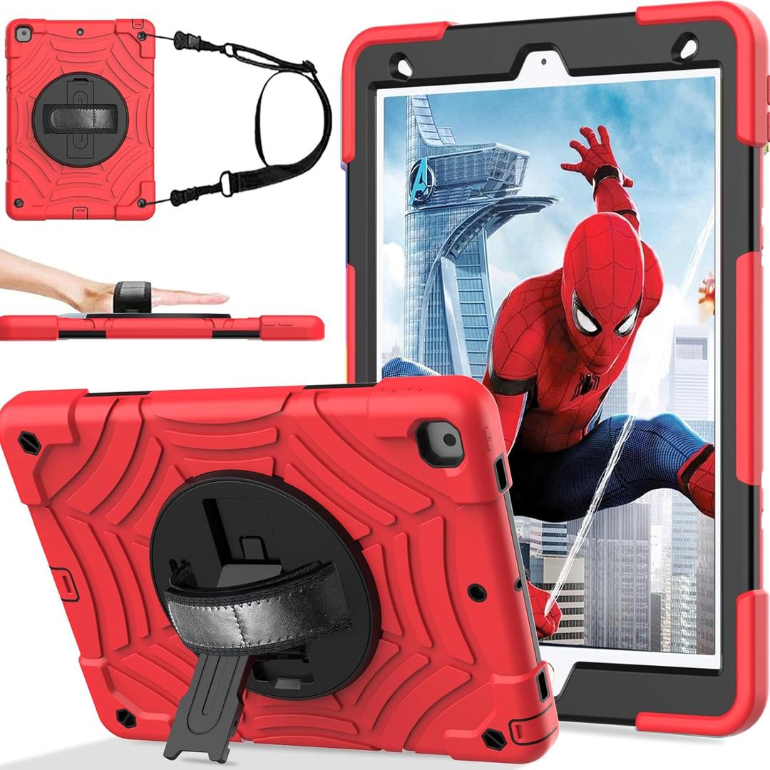 BMOUO Case for iPad 9th/8th/7th Generation -10.2 Inch 2021/2020/2019 with Screen Protector, 360 Rotating Stand Hand & Shoulder Strap Shockproof Kids Case for iPad 10.2" 9/8/7 Generation, Red Black