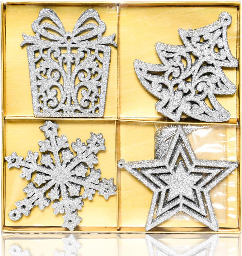 Christmas Tree Glitter Ornaments - 16PCS Sequin Snowflake Decorations (Gift Wrap 3.5 Inch/Star 3.9Inch/Snowflake 4Inch/Tree 3.9Inch) Silver