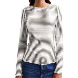 LilyCoco Womens Striped Shirt Ribbed Long Sleeve Crewneck Basic T Shirts White, Large