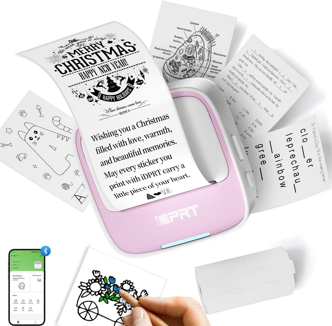 Mini Sticker Printer - S1 Portable Sticker Maker Machine with 1 Roll Sticker Paper, Bluetooth Print Pods Pocket Printer for Study Notes, Graphics, Students, Kids Gift, Free App, Pink