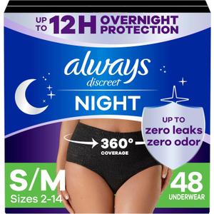 Always Discreet Adult Incontinence Overnight Underwear for Women, Small/Medium, Up to 100% Bladder Leak Protection, 48 Count (3 Packs of 16)
