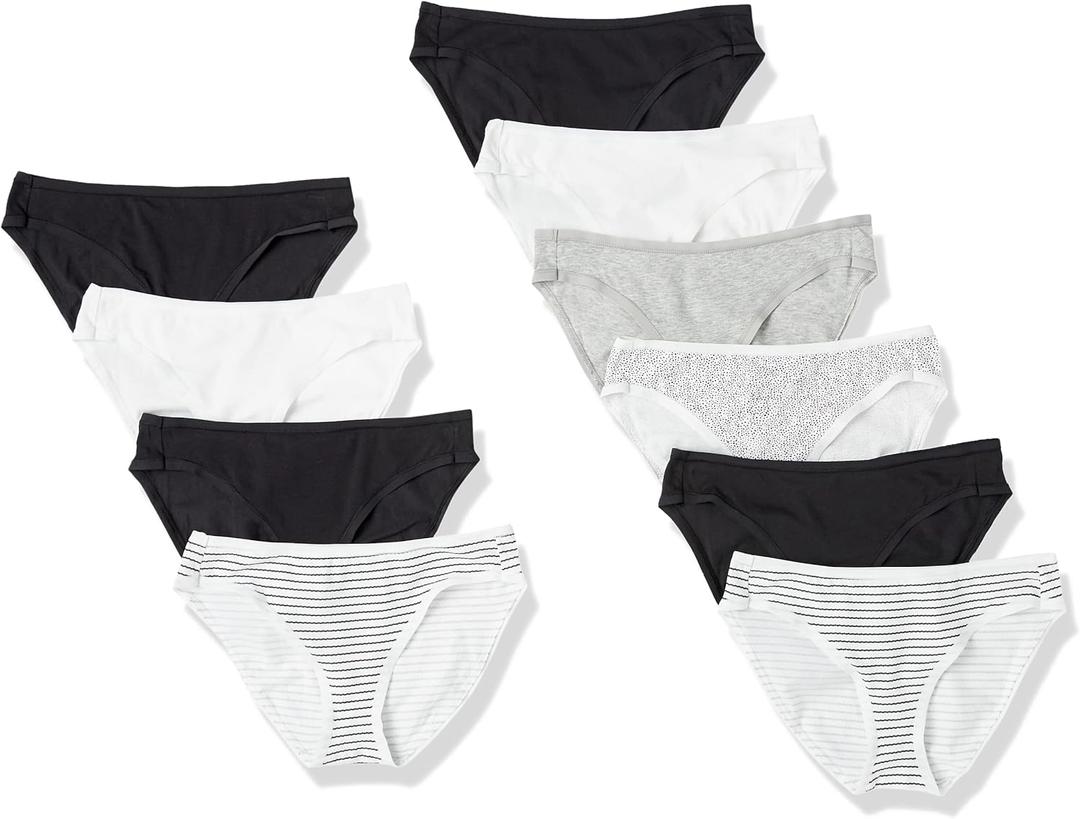 Amazon Essentials Women's Cotton Bikini Brief Underwear (in Plus Size), Pack of 10, Black/Bright White/Grey, Size:M