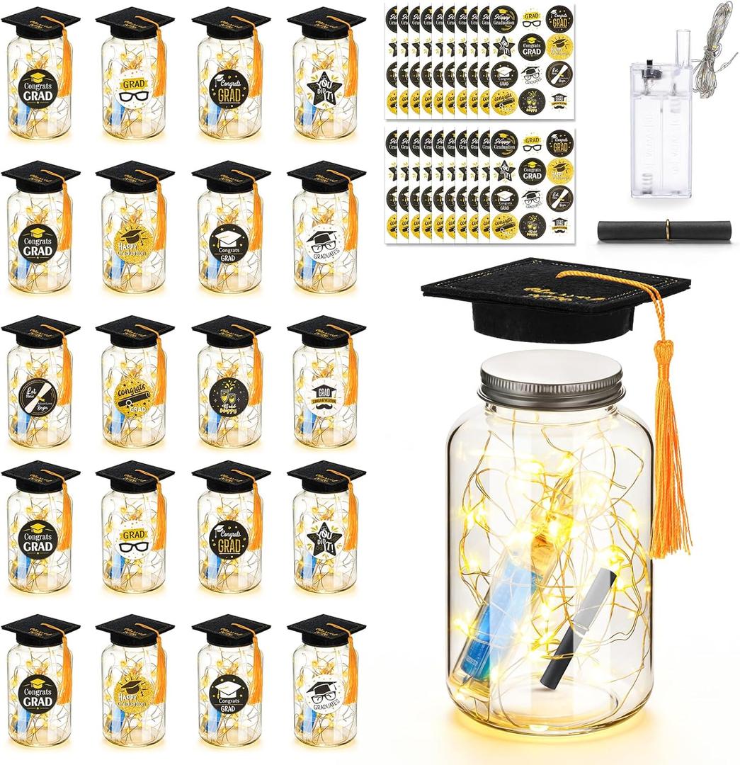 20 Sets 2026 Graduation Table Decoration with LED Lights, Mason Jar Graduation Centerpieces for Tables with Class of 2026 Felt Cap, Paper Roll, Stickers, College High School Grad Party Gifts(Black)