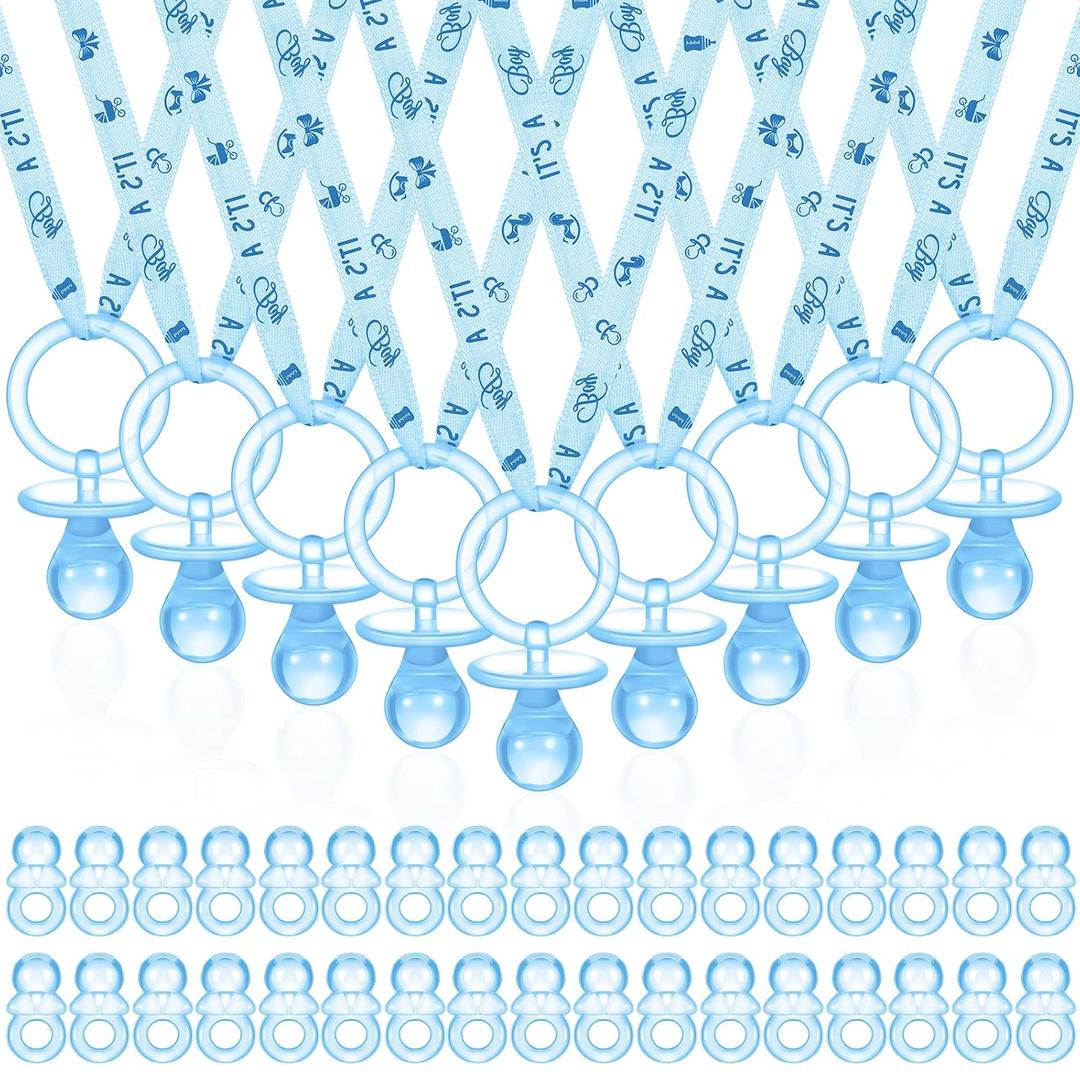 74 Pieces Baby Shower Pacifiers 24 Necklace Acrylic Plastic Pacifiers Baby Shower Game 50 Mini Plastic Charm Bulk for Party Decorations Games Table Scatter(Blue)