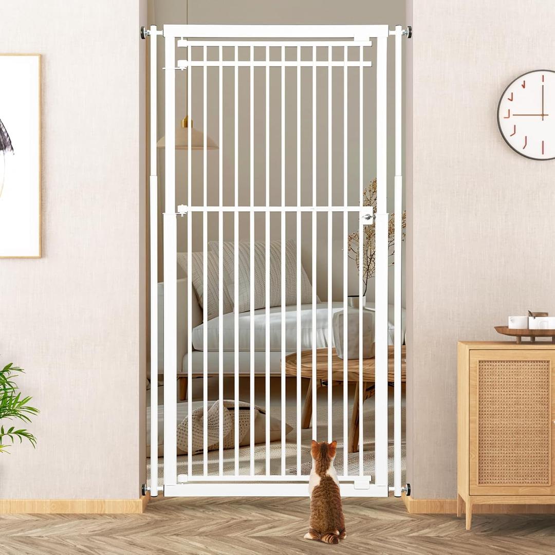78.8" Extra Tall Cat Gate, 28.3-33" Wide Safety Metal Cat Door, Pressure Mounted Easy Walk Through Pet Gate with Door for Stairs, Doorways, Kitchen (White)