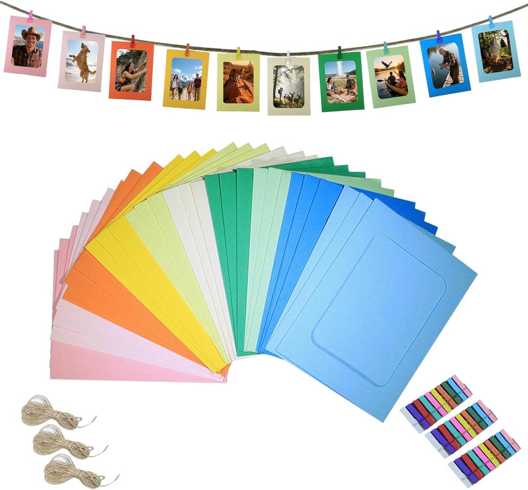 30Pcs Paper Photo Frames, 4x6Inch Colorful Picture Display Holders, Cardborad Picture Frames with String and Clips, DIY Graduation Photo Hanging Banner for Home, Classroom, Offices (Colorful)
