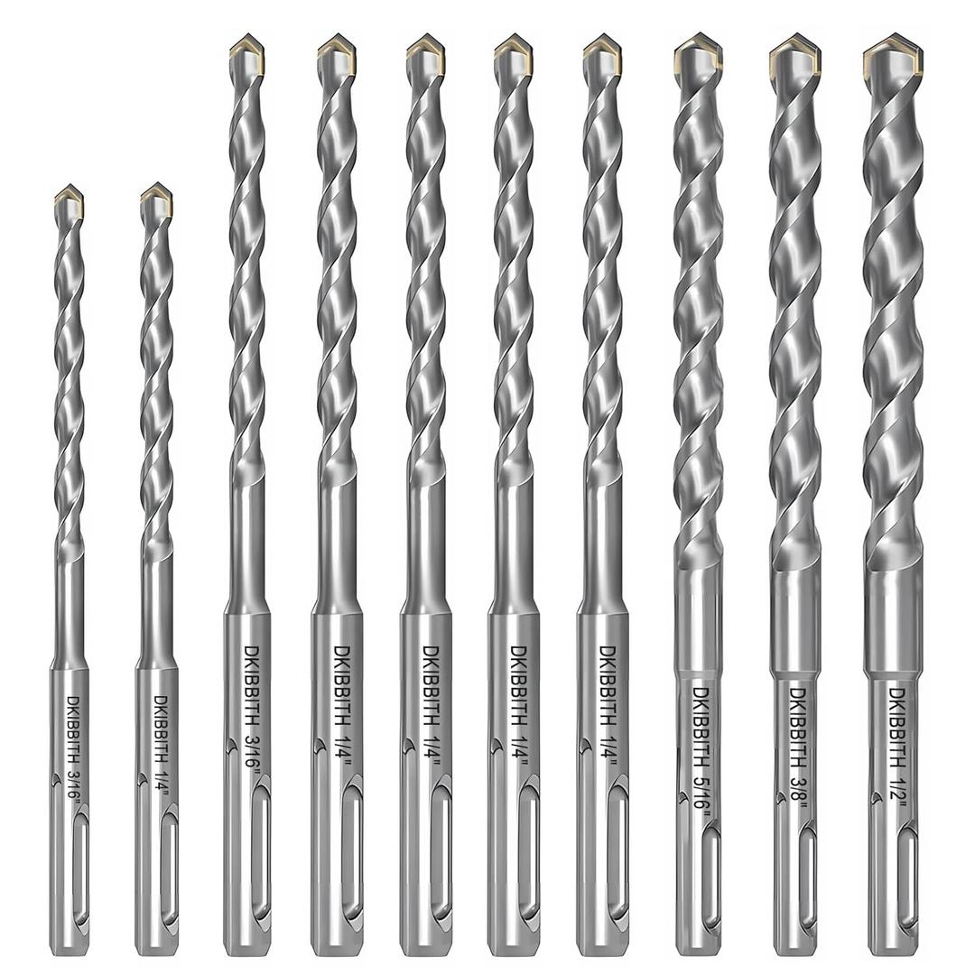 10-Piece SDS Plus Drill Bits Rotary Hammer Drill Bit Set, Carbide Tipped for Drilling Concrete Cement Porcelain Tiles Ceramic Pots Stone Brick, Dia 3/16" 1/4" 5/16" 3/8" 1/2"