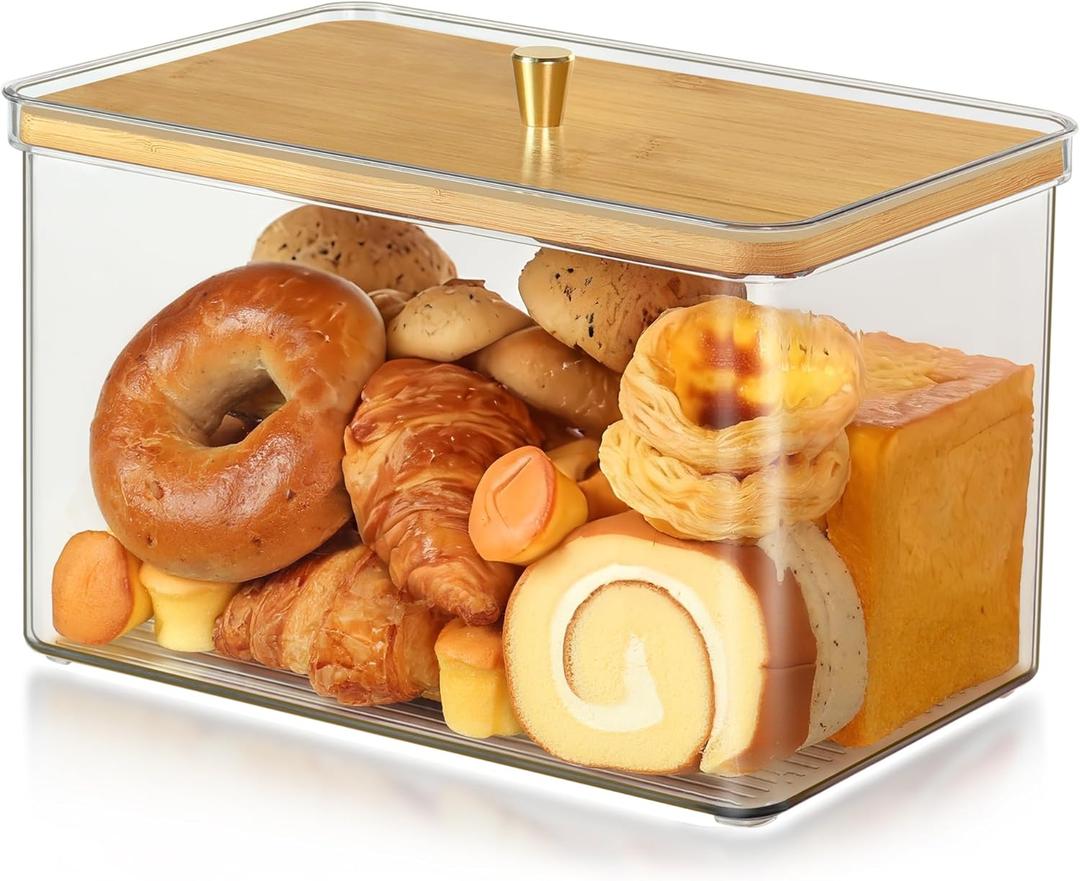 Hudgan Breadbox for Kitchen Countertop, Bread Storage Container with Bamboo Lid for Homemade Bread,Toast, Bagel, Donut, Cookies and Baguette, Large Corner Breadbox Keeper for Muffin