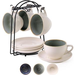 SIDUCAL Stackable Cappuccino Cup Set of 4 [8oz] Ceramic Coffee Cups with Saucers and Cup Holder,Microwave/Dishwasher Safe,Espresso Demitasse Cups(Green)