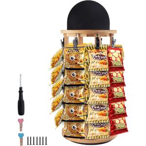Chip Rack Display Stand, 5 Tiers 40 Clips Snack Organizer, 360 Rotating Wooden Base Chip Holder Snack Holder for Pantry, Countertop, Concession Stand, Vendor and Retail Store