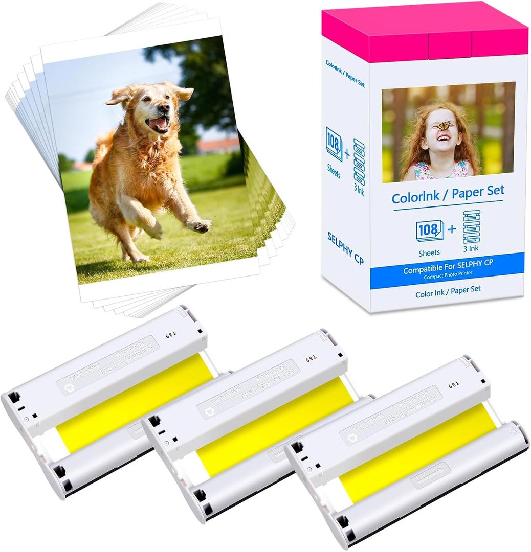 Compatible for Canon Selphy CP1500 CP1300 Ink and Paper 4x6 KP-108IN KP108IN Compatible with Selphy CP CP910 CP780 CP760 CP1200 CP740 CP1000 Printer 108 Sheets Photo Paper 3 Color Ink Cartridges Set