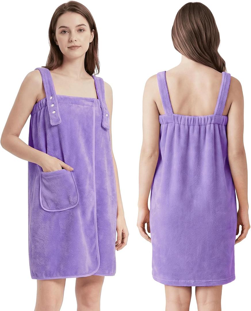 PJGGZ Towel Robe for Women with Straps - Lightweight Absorbent Cozy Bath Wraps for Women After Shower (Light Purple, S/ M)