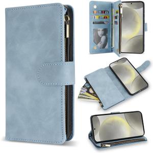 ZZXX for Samsung Galaxy S24 Wallet Case with RFID Blocking Card Slot PU Leather Zipper Flip Folio with Strap Kickstand Protective Cover for Samsung Galaxy S24 Case Wallet(Light Blue-6.2 inch)