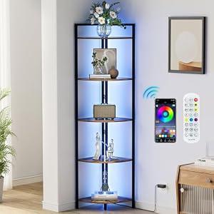Gemfurque 5 Tier Corner Shelf with LED Light, 66.06" Tall Narrow Bookshelf with Storage, Wood Display Shelf for Living Room, Bedroom, Metal Frame (Rustic Brown)