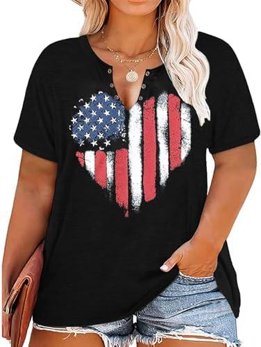 Plus Size USA Flag V-Neck T-Shirt Women Distressed American Flag Graphic Tees Short Sleeve 4th of July Patriotic Tops, Size 2XL