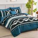 Anibedding Comforter Set Queen Size, 8 Piece Teal Boho Bed in a Bag, Striped Patchwork Comforter Bedding Set for All Season (90"x90")