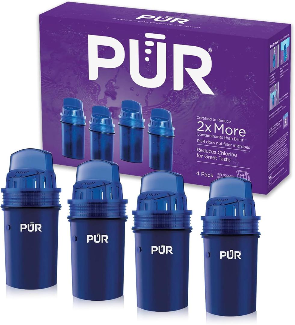 3 x PUR Water Pitcher & Dispenser Replacement Filter 4-Pack, Genuine PUR Water Filter, 2-in-1 Powerful and Faster Filtration, 8-Month Value, Blue (PPF900Z4)