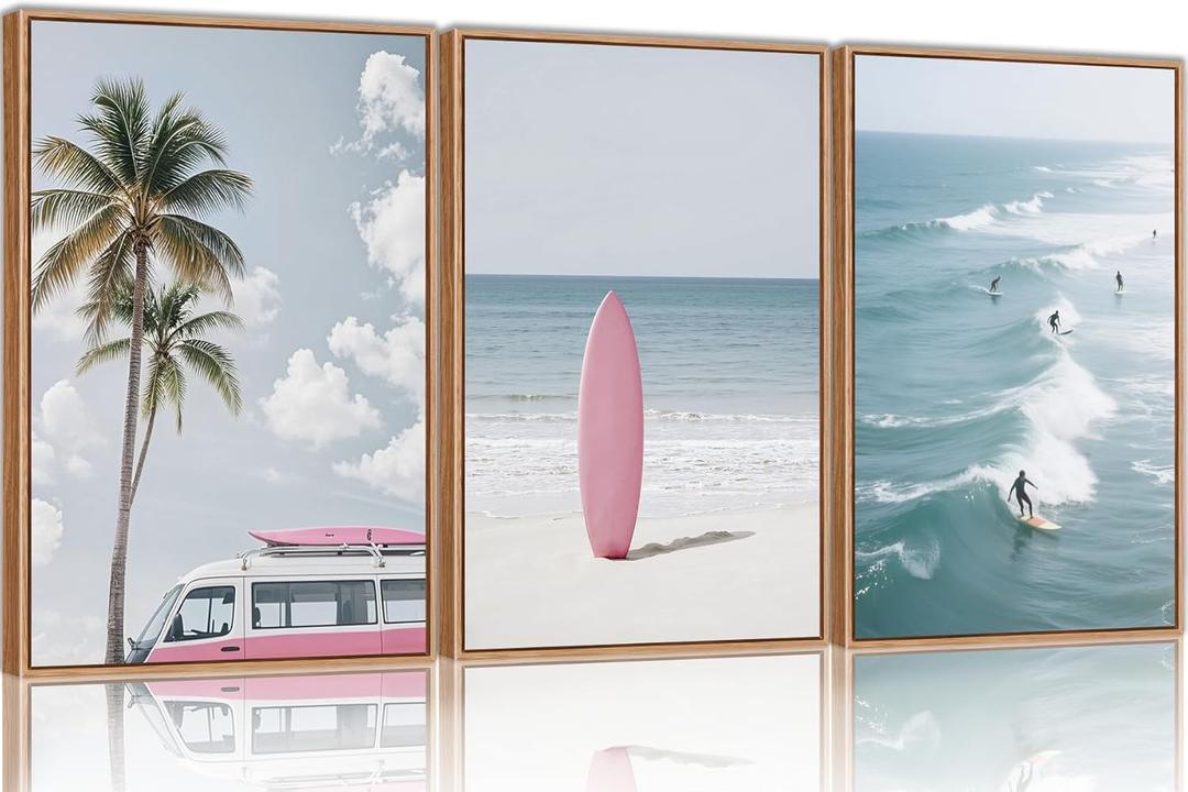 SIKERIC Large Beach Seascape Framed Canvas Wall Art Set of 3, Palm Tree Surfboard Wall Decor, Relax Summer Ocean Surfing Artwork, Modern Coastal Landscapel Art Print for Living Room, Bedroom -16x24