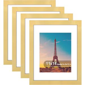 11x14 Picture Frame Set of 4, High Definition Real Glass, Display Pictures 8x10 with Mat or 11x14 Without Mat, Gallery Wall Hanging Photo Frames, Gold