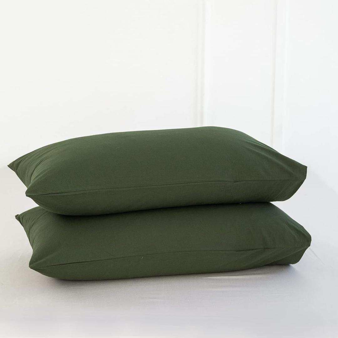 MooMee Bedding Pillowcases Pack of 2 100% Washed Cotton Linen Like Textured Breathable Durable Soft Comfy (Solid Olive Green, King)