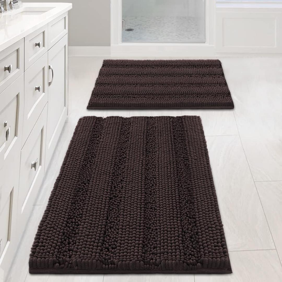 Non Slip Thick Shaggy Chenille Bathroom Rug Mat Set Extra Soft and Absorbent Striped Floor Rugs, 2 Piece, Machine-Washable (Chocolate)