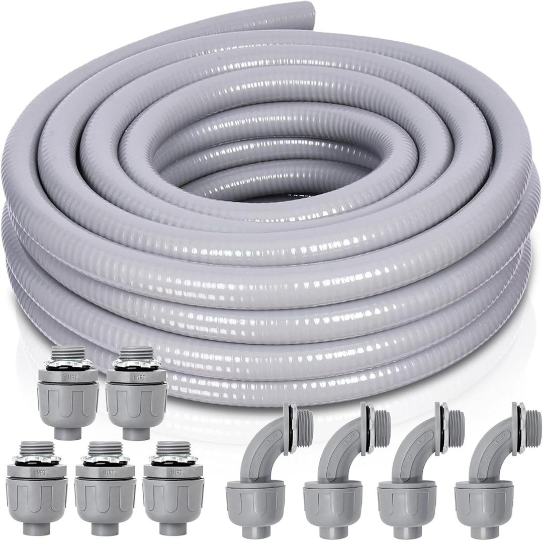 1 Inch 15 FT Non Metallic Liquid-Tight Conduit and Connector Kit - Includes 5 Straight and 4 Angle Fittings for Electrical Wiring