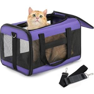 Cat Carrier Airline Approved, Soft-Sided Dog Carrier with Inner Safety Leash, Pet Transport Carrier for Small-Medium Cats Puppies up to 15 Lbs, Collapsible Travel Kitten Carrier Bag - Purple, M