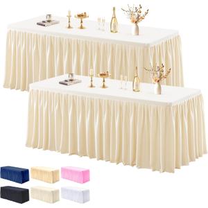 2 Pack Champagne Tablecloths for Rectangle Tables 6ft, Wrinkle Resistant Spandex Tablecover Fitted Stretch Table Cloth with Pleated Ruffle Table Skirts for Party Banquet Dining Birthday Wedding