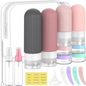 ME.FAN 18 Pack Travel Bottles for Toiletries, TSA Approved Silicone Portable Size Bottle, Refillable Cosmetic Container Kits for Conditioner, Shampoo, Lotion, Face Cream - Pink