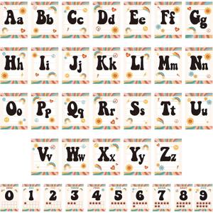 3 x 36Pcs Retro Classroom Alphabet Number Bulletin Board Set, Groovy ABC Alphabet Card and 0-9 Number Posters Decor with Glue Point for Preschool Kindergarten Classroom and Teachers Wall Decorations